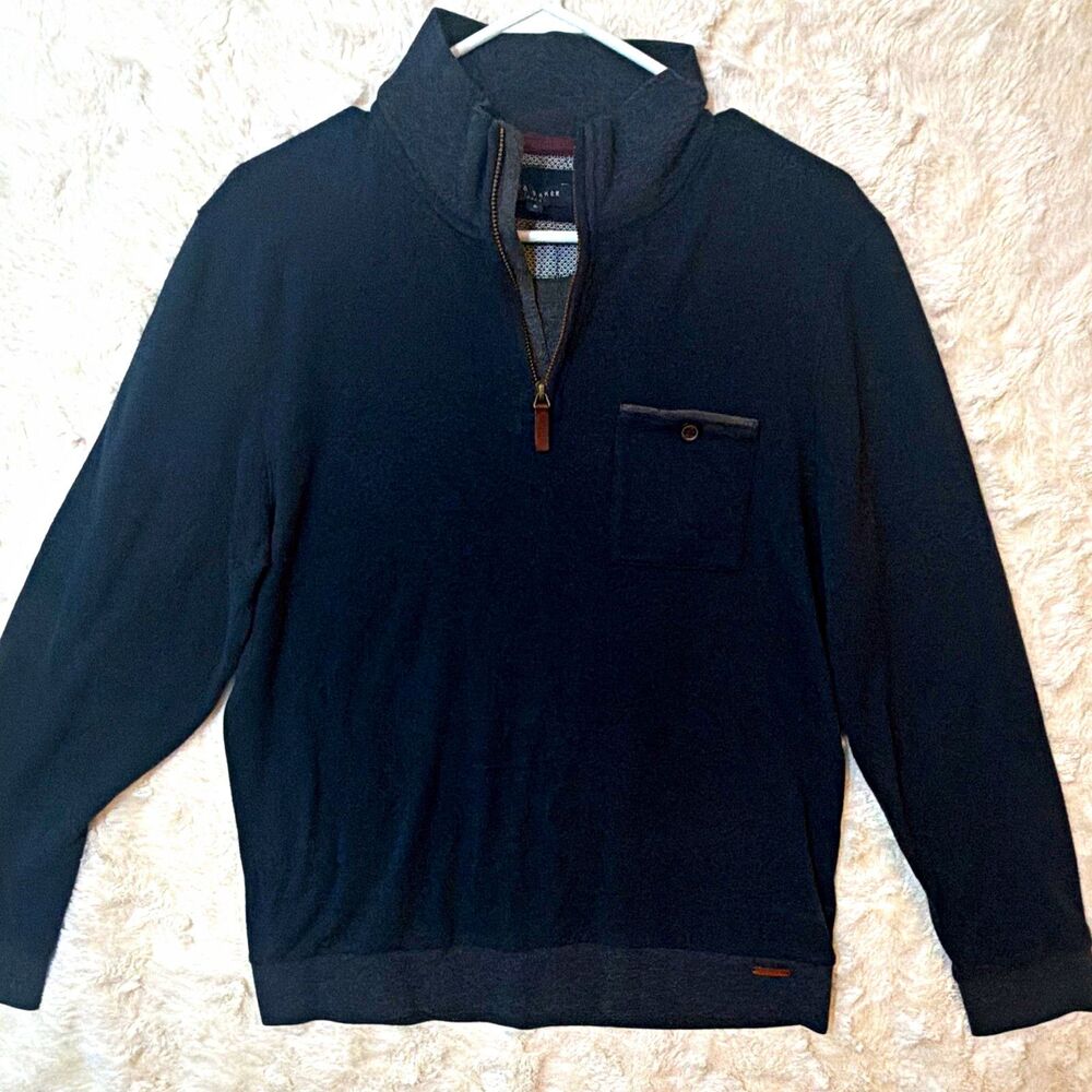 Ted Baker London Men’s XL Size 5 Navy Cotton Blend 1/4 Zip Sweater Pocket